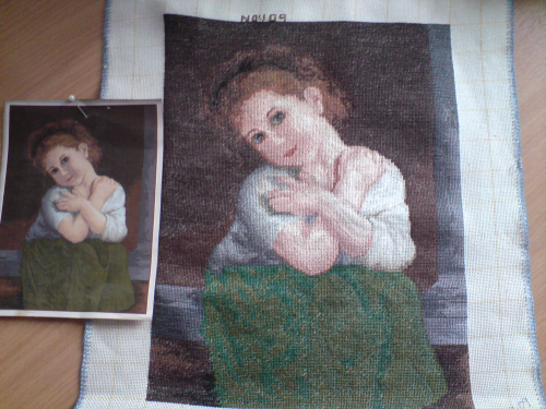Girl in Green Is a beautiful completed needlepoint picture, goblin, 